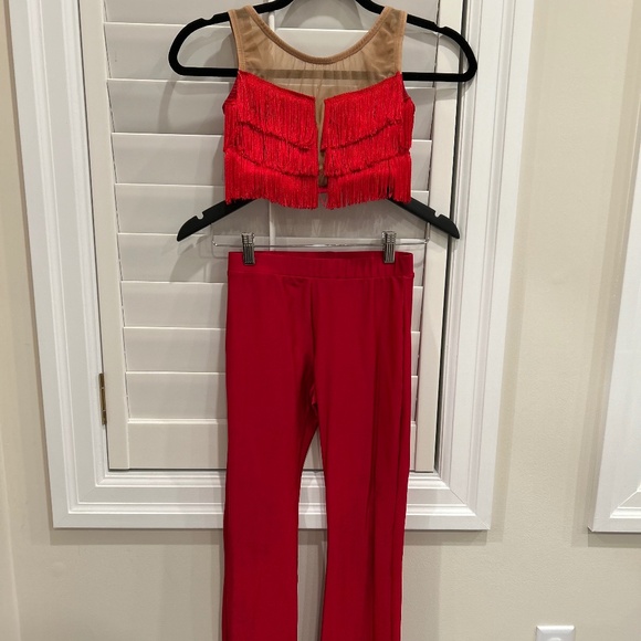 Red Fringe Tube Top and Pants Set Dance Costume - Picture 1 of 5